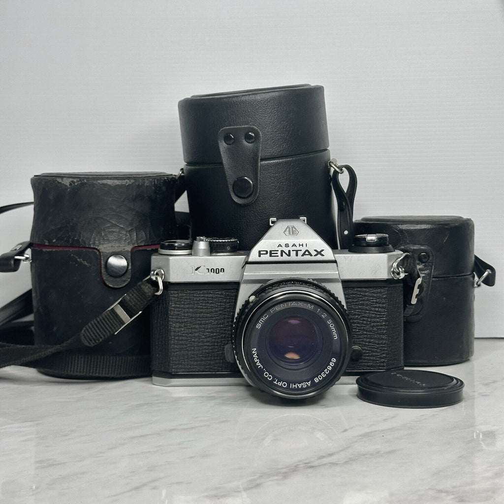 Pentax K1000 Black Silver 35mm Film Camera + 3 Lenses