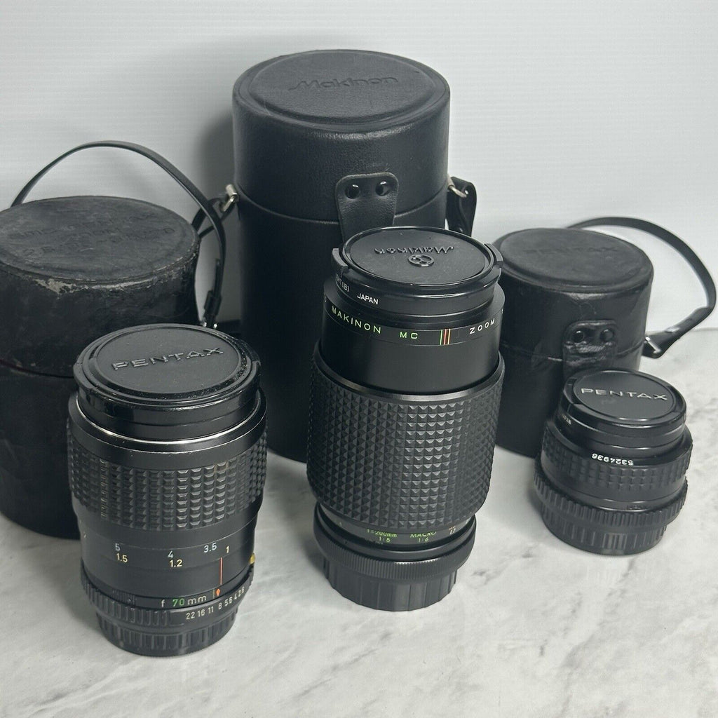 Pentax K1000 Black Silver 35mm Film Camera + 3 Lenses